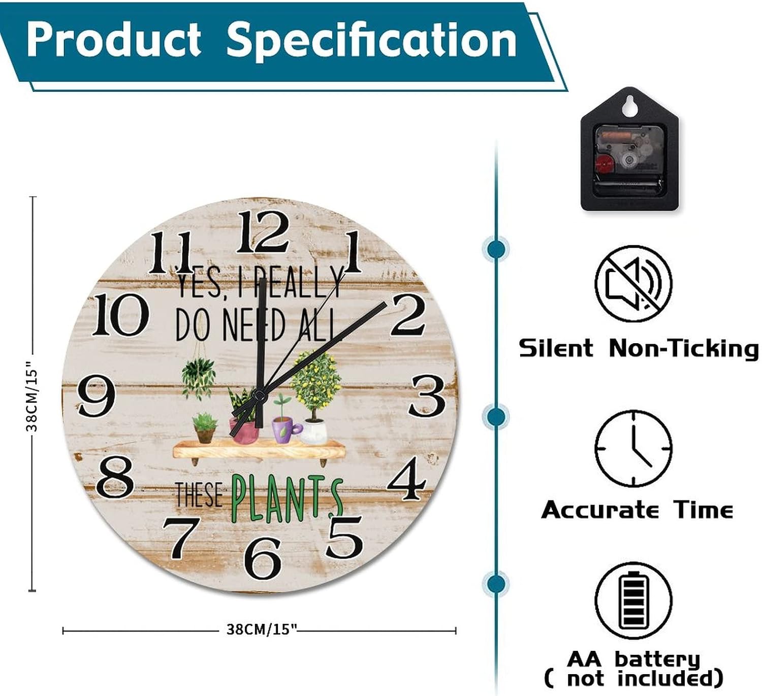 Farmhouse Green Cactus Garden Wall Clock Yes I Really Do Need All These Plants Clock Plant Mom Large Wooden Wall Clocks Battery Operated 15 Inch Silent Home Decor for Bedroom Living Room Kitchen