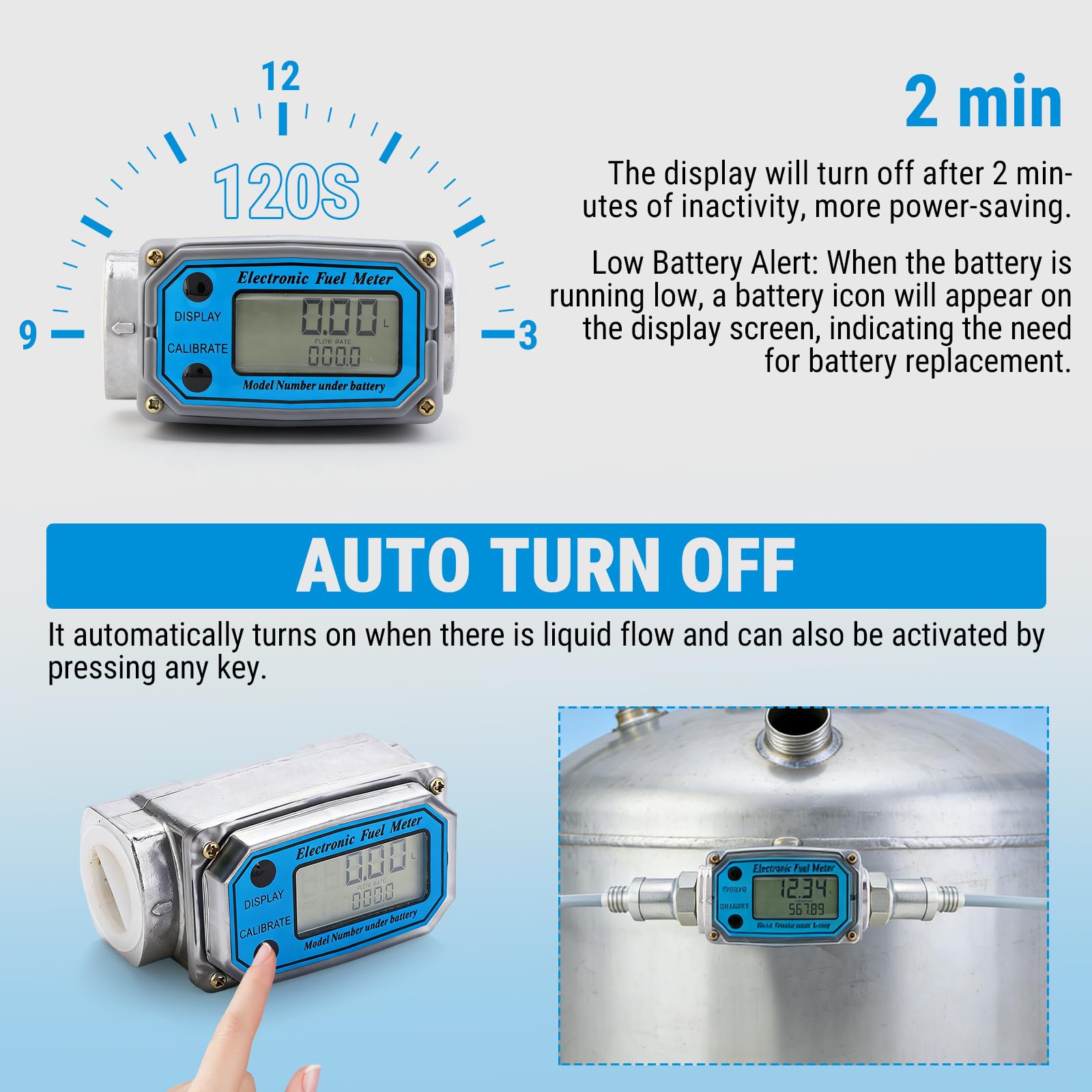 Misuratore di Portata Digitale a Turbina, 1" NPT Flussometro del Carburante, Misuratori del Flusso con Display LCD, per Diesel Kerosene Benzina, 15-120 Litri, Blu