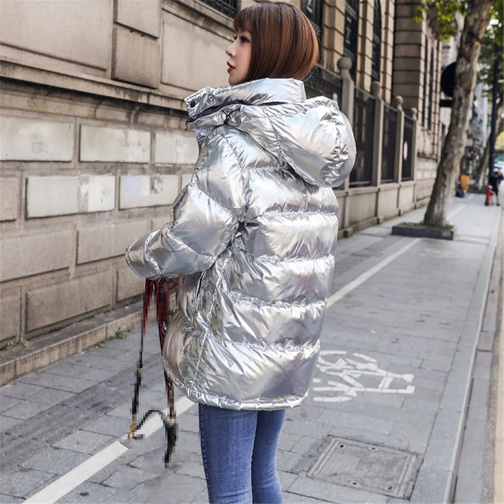SPECCHIO シルバー フード付きダウンジャケット サイズ40(M相当) Amazon.com: Silver Glossy Winter Down Jacket Detachable