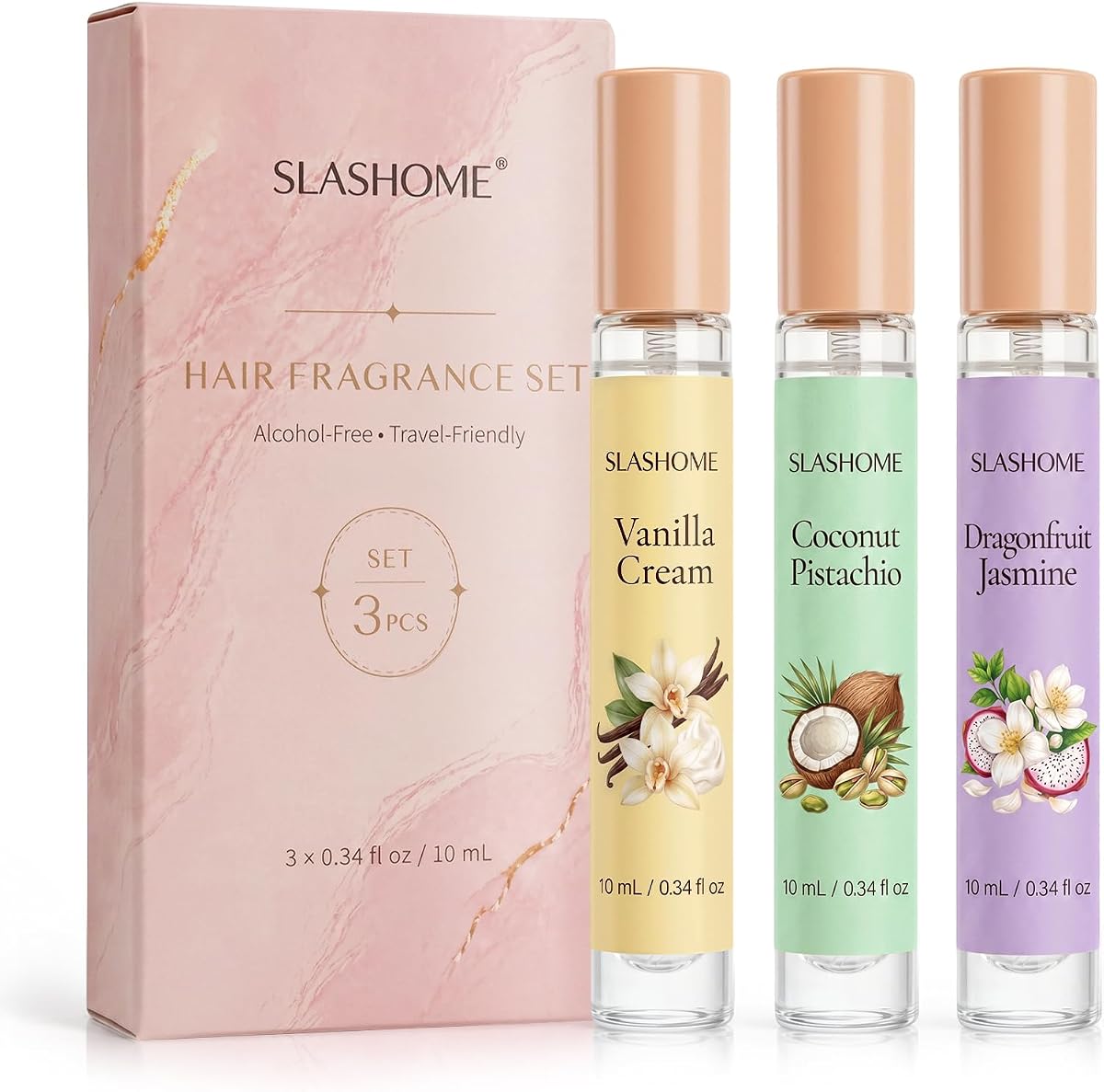 slashome Hair Perfume Set for Women, 3x10mL Alcohol-Free Hair & Body Mist | Vanilla Cream, Coconut Pistachio & Dragonfruit Jasmine, Travel-Size Fragrance for Wigs, Fabric & Pillows, Gift for Her