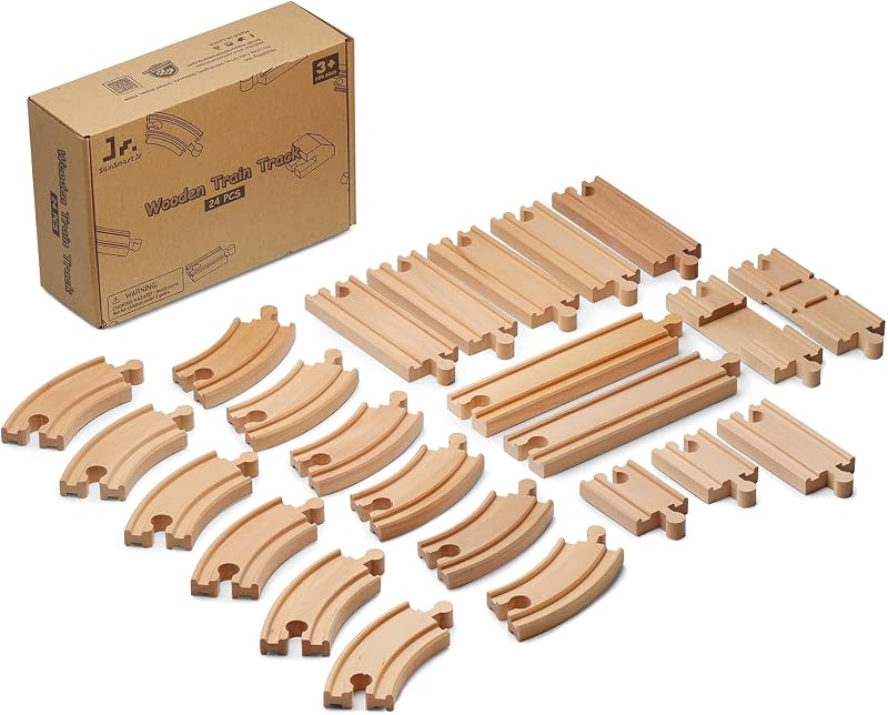 Wooden Train Track 24pcs, Track Expansion Compatible with All Major Brands Toddler Railway Toy Train Set Boys Train Set 3+