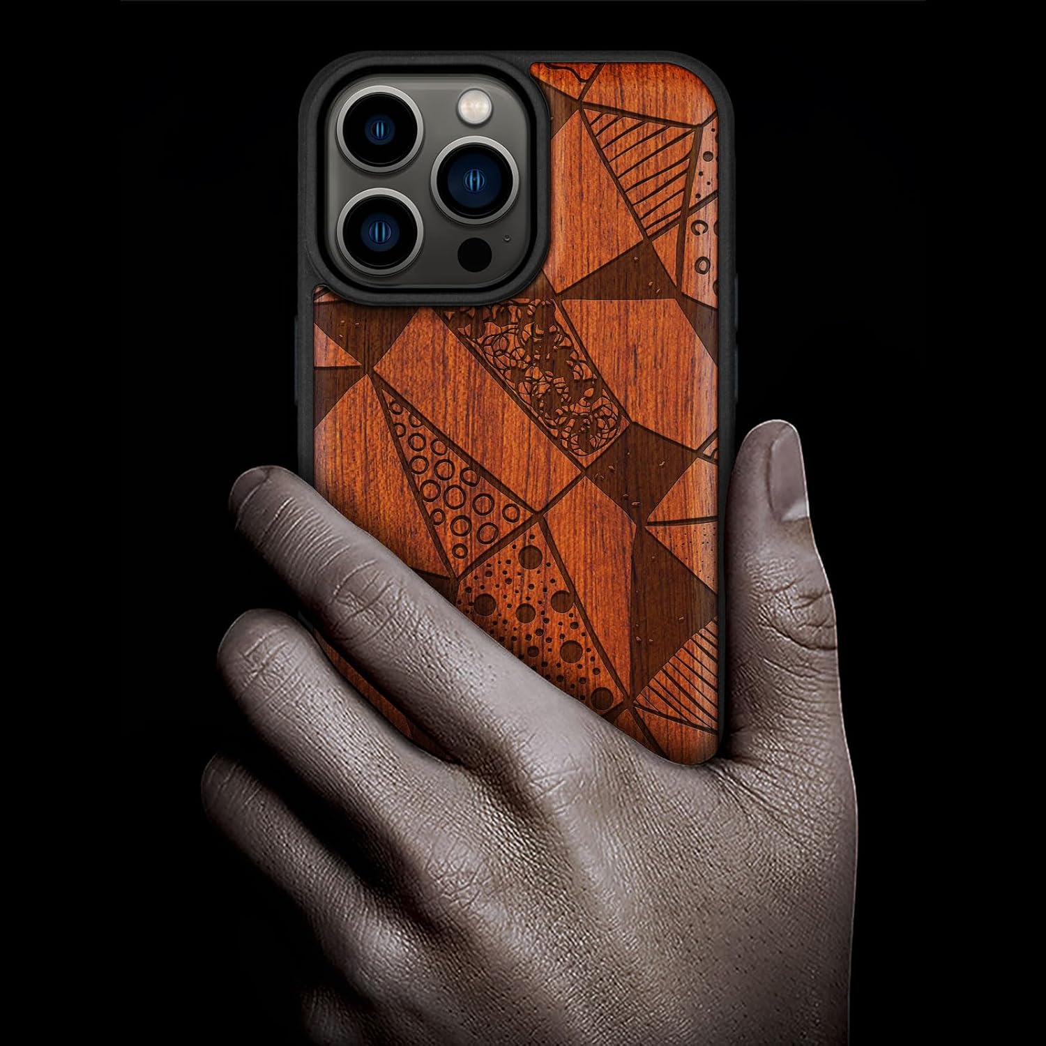 Carveit Magnetic Wood Case for iPhone 14 Pro Max [Natural Wood & Black Soft TPU] Unique & Classy Wooden Shockproof Protective Cover Compatible with magsafe (Geometric Mosaic -Rosy)