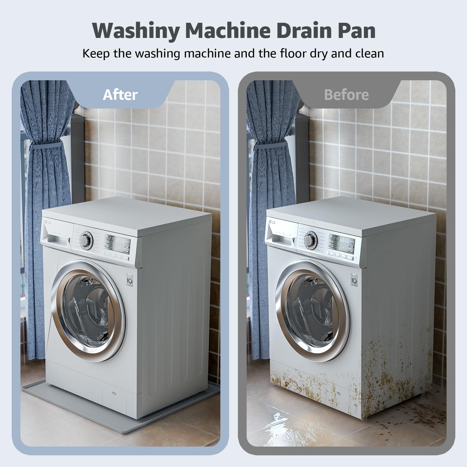 27''x27'' Washing Machine Drain Pan Silicone Mat with 0.78'' Raised Edges(Leak Protection),Non-Slip & Anti-Vibration Washer Drip Tray for Floor Protection,Washer/Dryer,Refrigerator,Rubber Pad,Gray