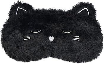Cute Sleeping Mask, Black Cat Soft Plush Fluffy Sleep Mask Men Cartoon Kittens Blindfold Novelty Eye Cover Eyeshade Shade for Kids Girls and Adult Travel (Black, Cat)