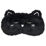 Cute Sleeping Mask, Black Cat Soft Plush Fluffy Sleep Mask Men Cartoon Kittens Blindfold Novelty Eye Cover Eyeshade Shade for Kids Girls and Adult Travel (Black, Cat)