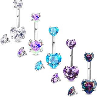 5Pcs 14G Surgical Steel Belly Button Rings Double Heart Navel Rings Cubic Zirconia Belly Rings Belly Piercing Jewelry with Extra Tops CZ