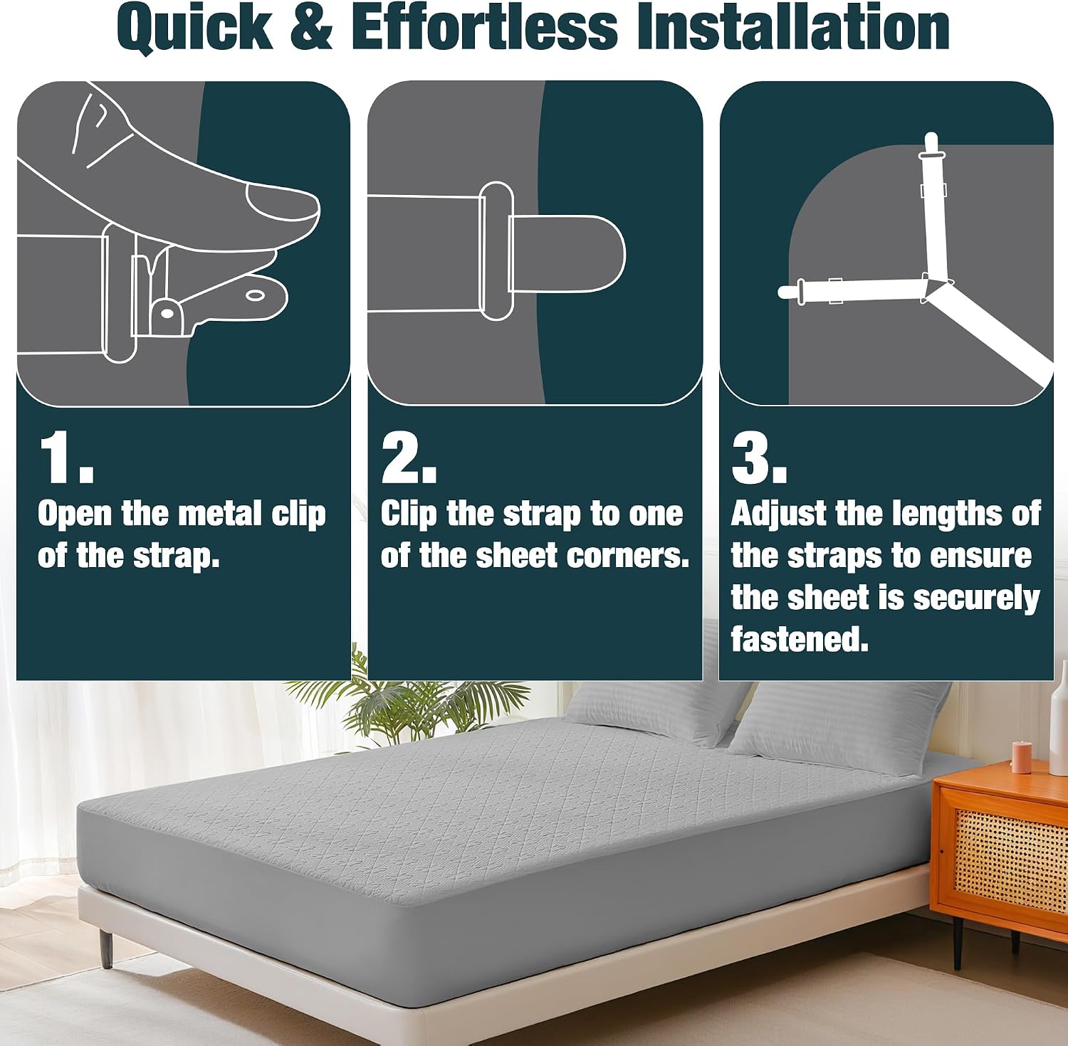 2 Pack Extra Long Bed Sheet Straps, Strong Diagonal Bedding Clips, Easy Install Mattress Sheet Fasteners for Deep Pockets
