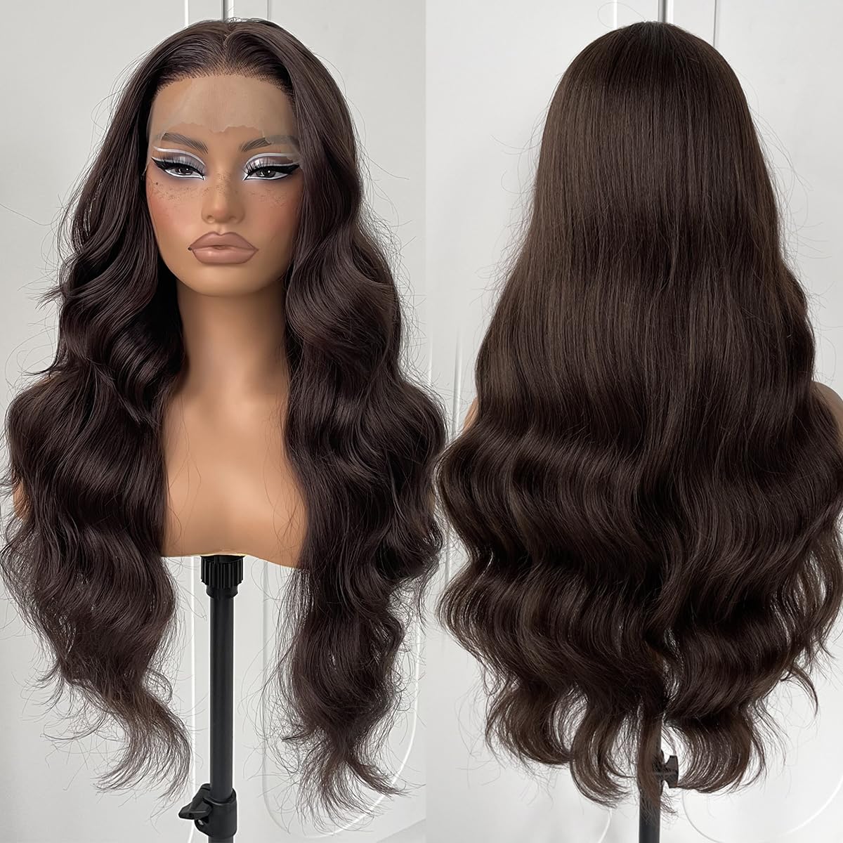 Chocolate Brown Glueless Lace Front Wig Preplucked Synthetic Precut Wear And Go HD Lace Front Wig For Black Women