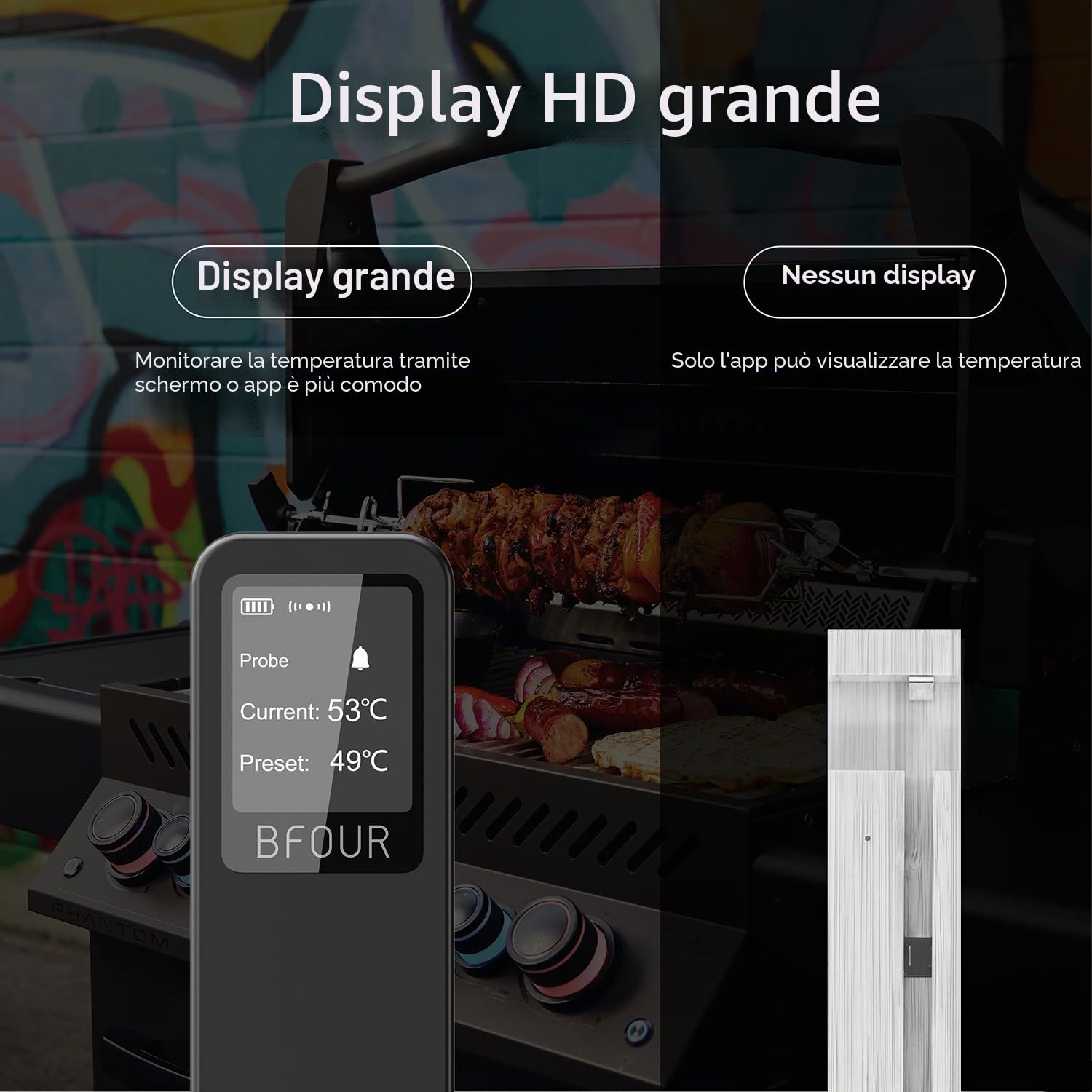 BFOUR BF-30 Pro, termometro per carne senza fili, display LCD Bluetooth, connessione app, 100% impermeabile, per barbecue, forno, affumicatura, arrosto ad aria