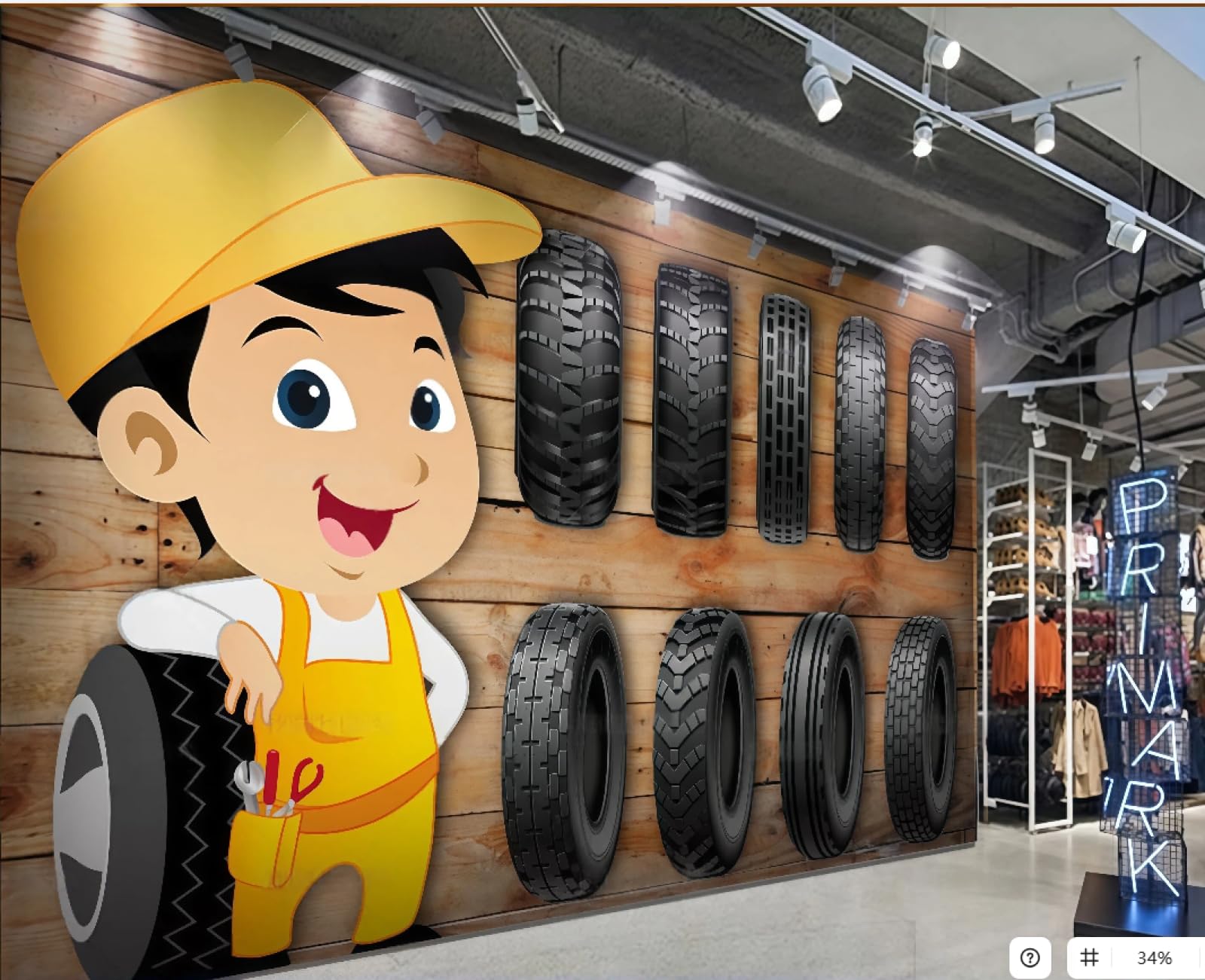 XDOUBAO Wallpaper Fashion Wooden Board Hand-Painted Cartoon Tire Repair Shop Shopping Mall Afternoon Tea Western Restaurant Background Wall Wallpaper Coffee Shop Mural,3D,200x140cm