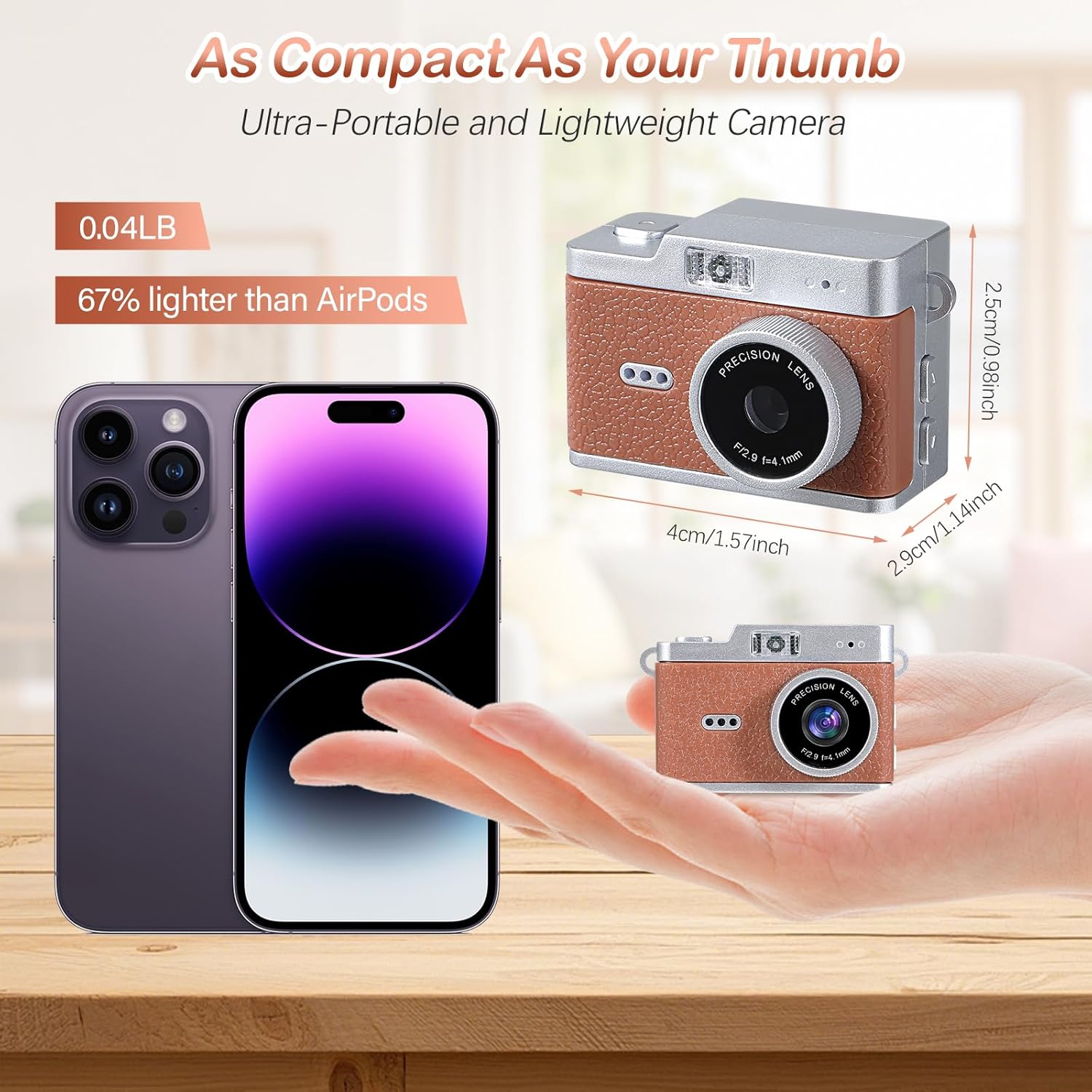 Mini Retro Keychain Digital Camera, Ultra-Compact Tiny Camera with 1080P Video, 0.96" Display, Long Battery Life, Pocket Video Recorder for Travel, Daily Vlogging, Birthday (Brown)