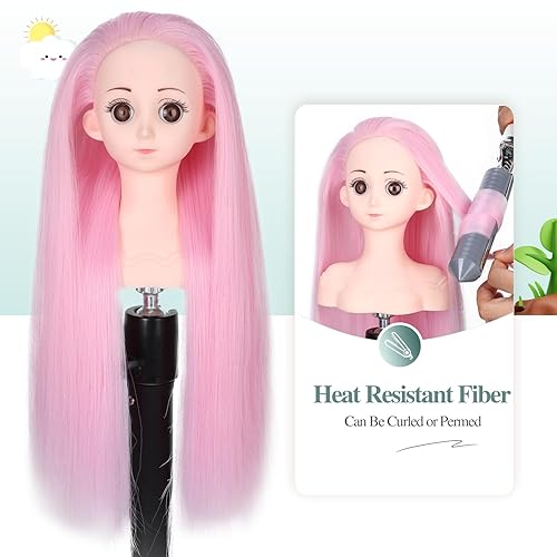 Miniatura 9 de WIGER Cabeza de maniquí con pelo para niños, muñeca de peinado de pelo rosa para niñas, linda cosmetología peluquería maniquí muñeca trenzado