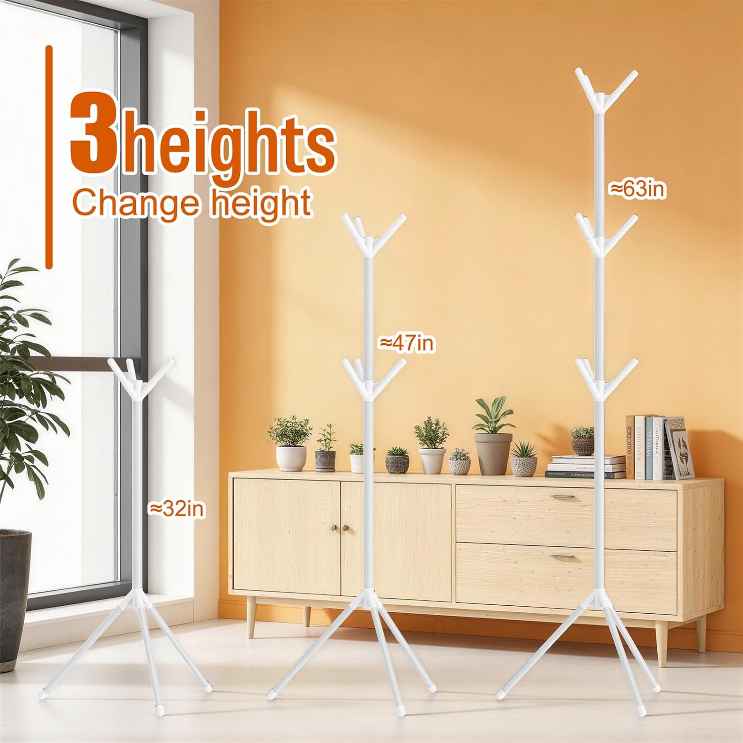 Coat rack, easy to move, not easy to fall over, can hang heavy objects, 9 hooks, can hold jackets, hats, handbags, and scarves, saving space/office (Pearl White, Tree branch)
