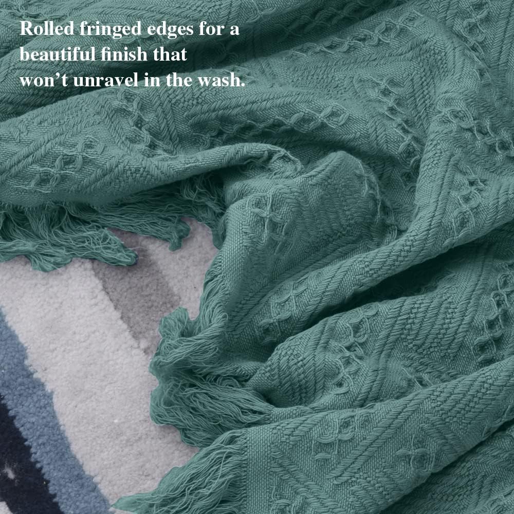 Simple&Opulence 100% Cotton Throw Blanket for Bed, Couch, Boho Luxury Geometric Knit Woven Blanket with Tassels Soft Lightweight Cozy Breathable, Vintage Farmhouse Decoration for All-Season(Green) image 5