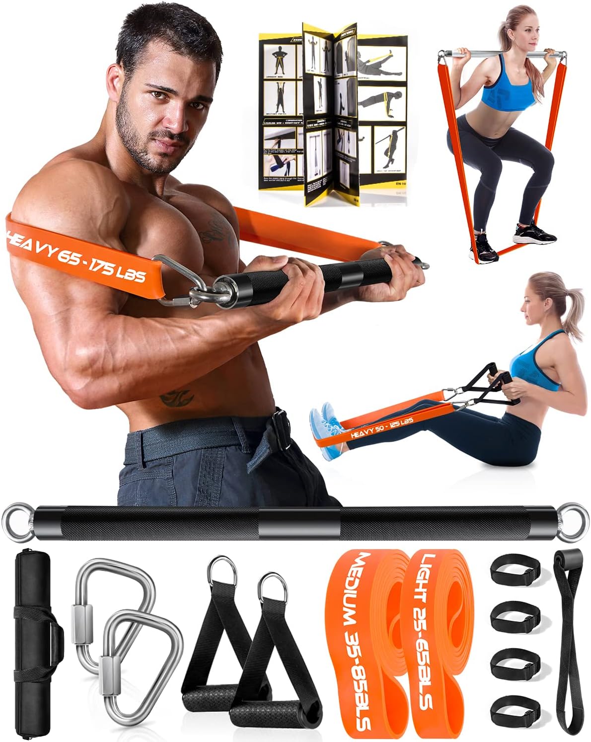 DASKINGResistance Bands Set with 58cm Exercise Bar, Different Levels Pull Up Bands - 500LBS Fitness Workout Bars Kit for Strength Training, Pilates, Yoga- Home Gym Sports Systems Equipment
