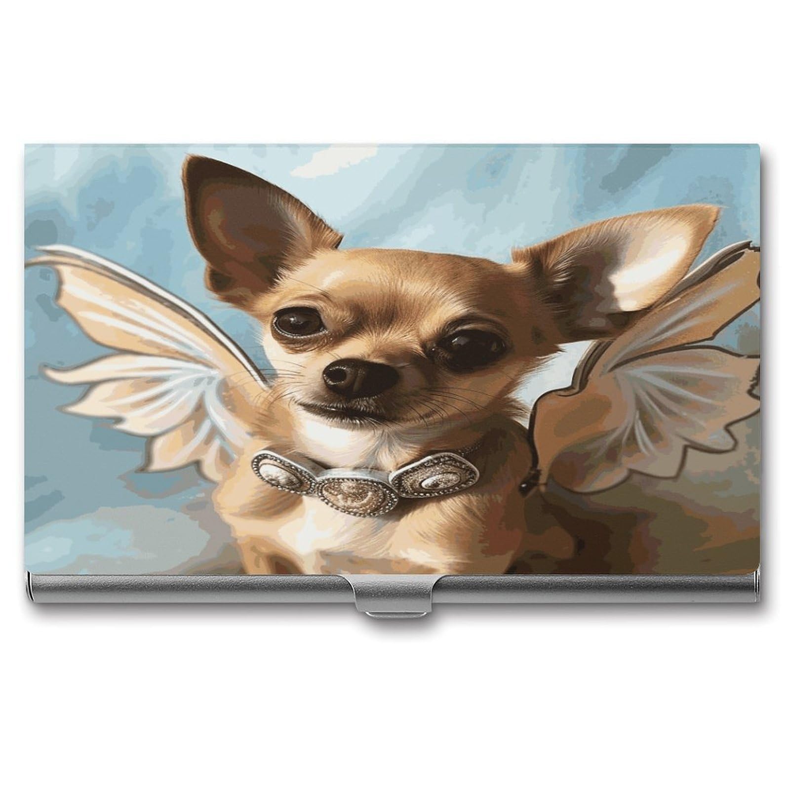 Jtrehy Men's Style Brown Chihuahua Angel Wings Business Card Holder Slim Purse Name Card Holder Portable Metal Business Card Case Wallet Large Capacity Lightweight Business Card Case For Wo