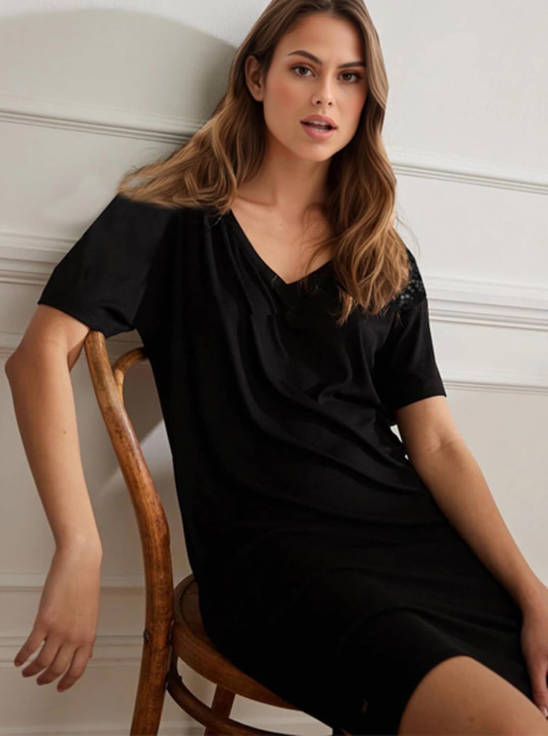 Cotton Nightgowns for Women V Neck Sleepshirt Short Sleeve Soft Sleepwear Nightdress - Image 2