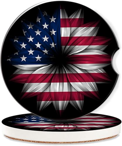 Posavasos de automóvil con bandera estadounidense para mujer, paquete de 2, absorbentes para el Día de la Independencia para portavasos de cerámica,