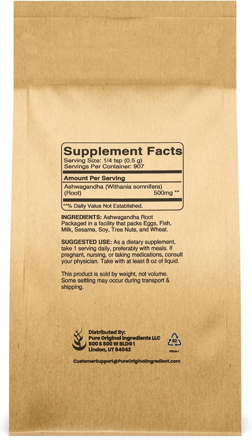 PURE ORIGINAL INGREDIENTS Ashwagandha (1lb) Natural and Pure, Vegan, Gluten-Free, Lab-Verified