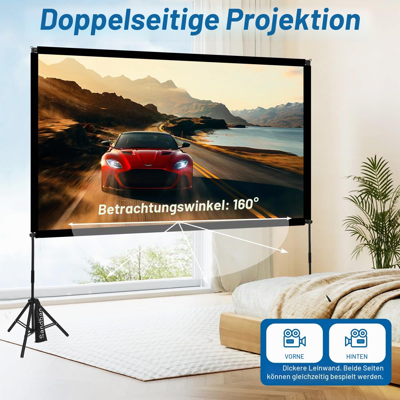 Beamer Leinwand mit Stativ 100 Zoll, 16:9 HD faltfrei für Garten & Camping
