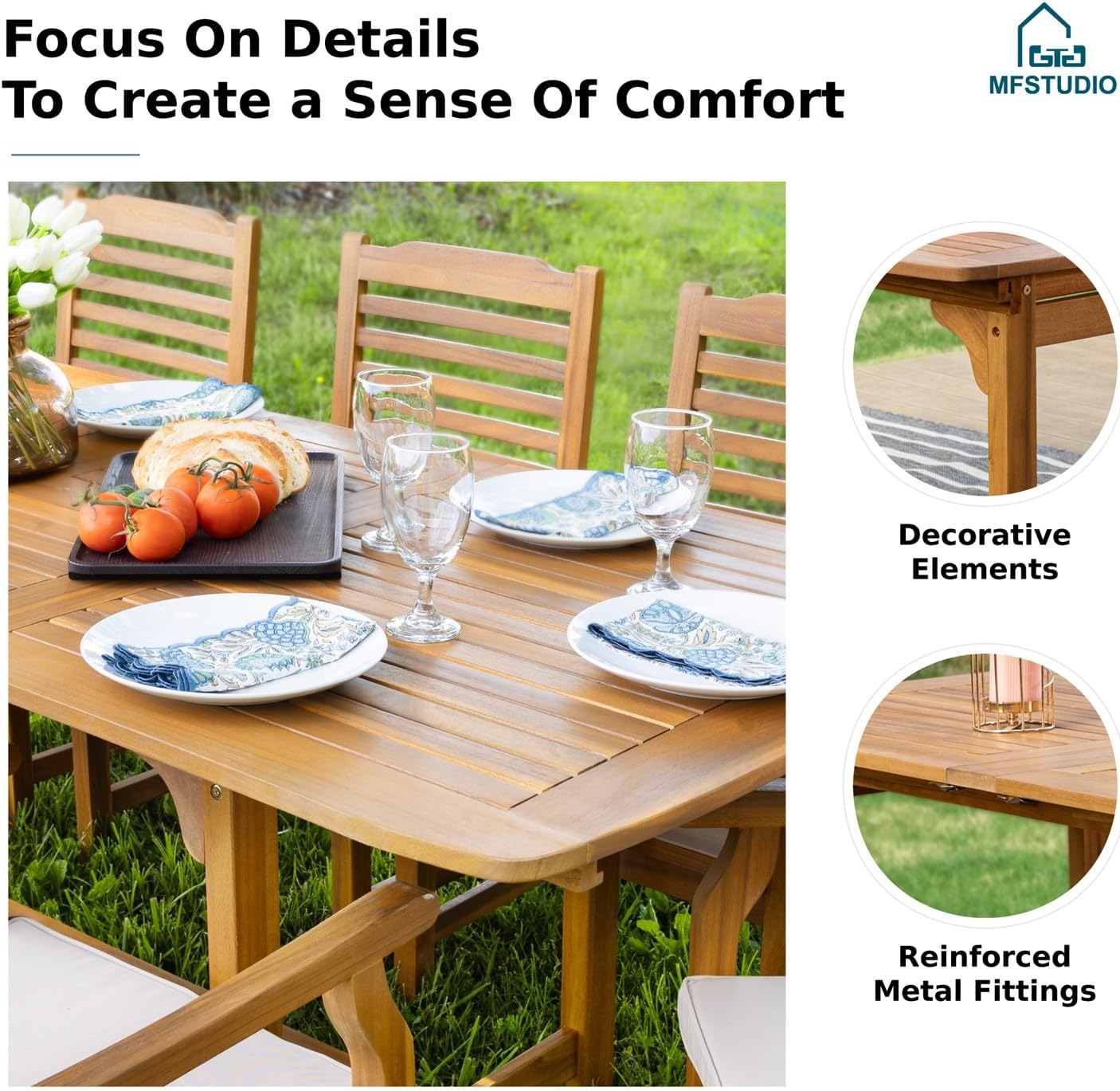 MFSTUDIO Outdoor Patio Table and Chairs, 7 Pieces Outdoor Dining Sets for 6, Teak Wood Patio Furniture, Patio Rectangular Expandable Dining Table with Chairs, 1.96’’ Umbrella Hole