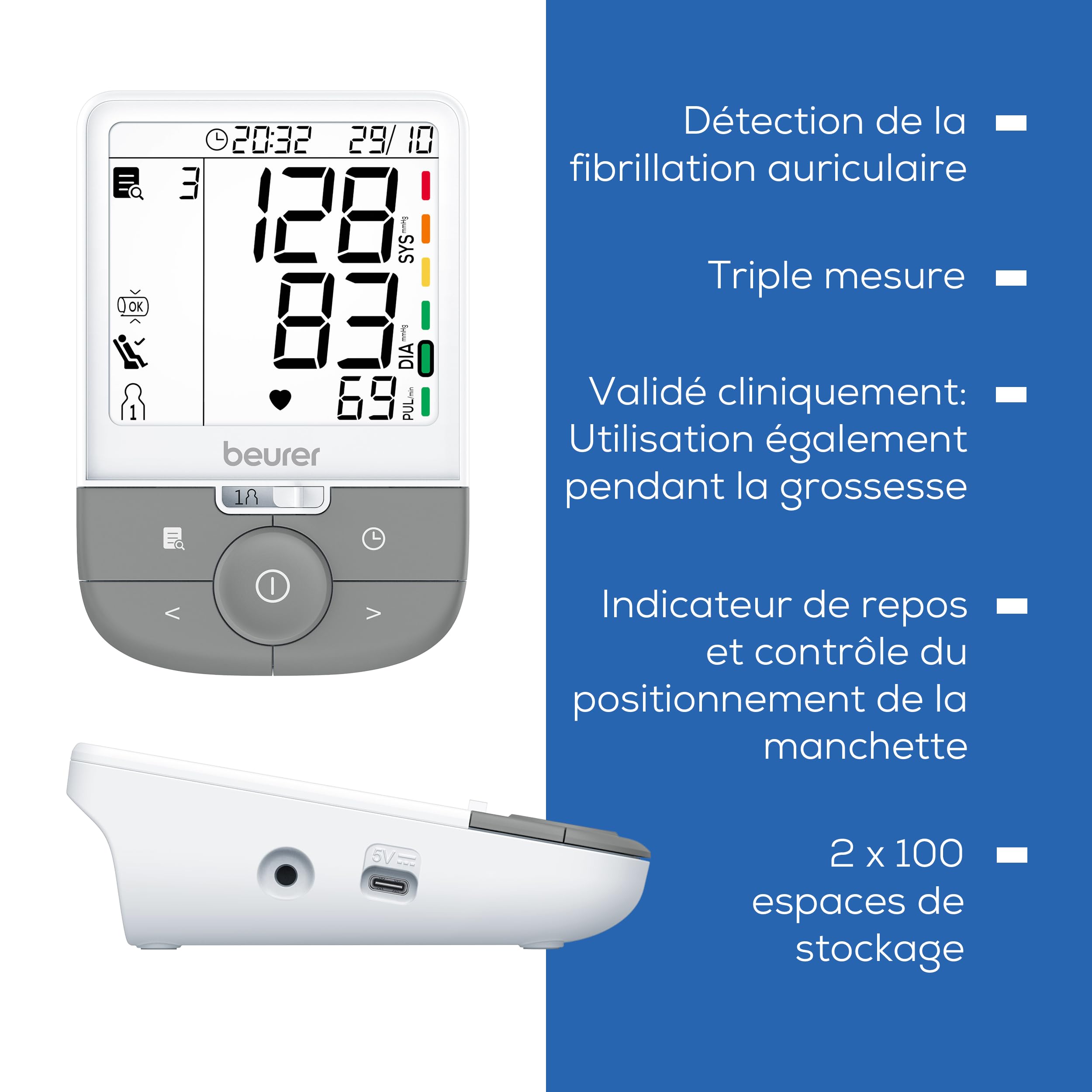 Beurer BM 53 Tensiomètre pour bras, fabriqué en Europe, cliniquement validé, détection fibrillation auriculaire, indicateur de risque, bras 22-42 cm, transfert de données vers Apple Health