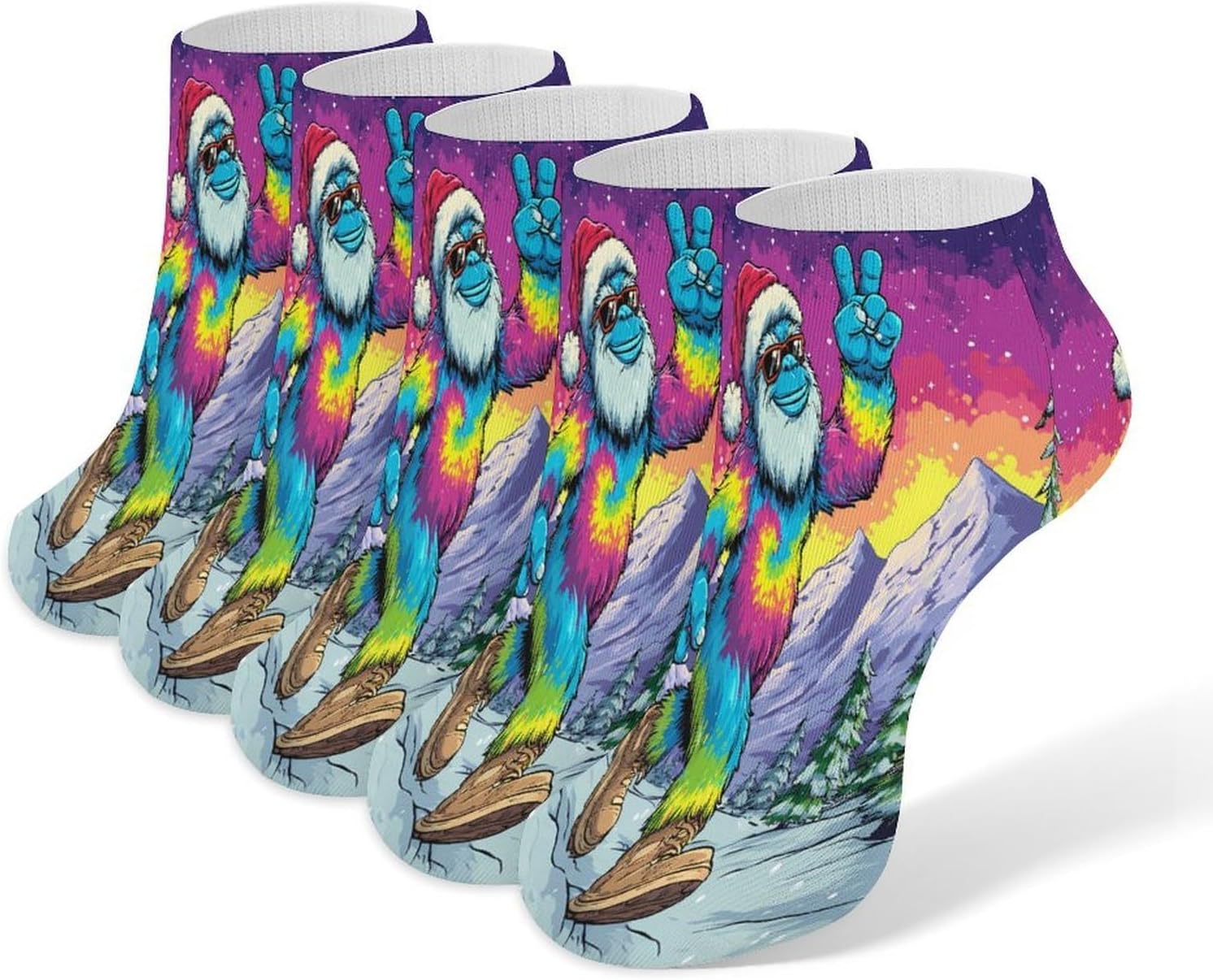 Tie-dyed Bigfoot Sasquatch Socks for Men Women 5 Pairs Ankle Socks