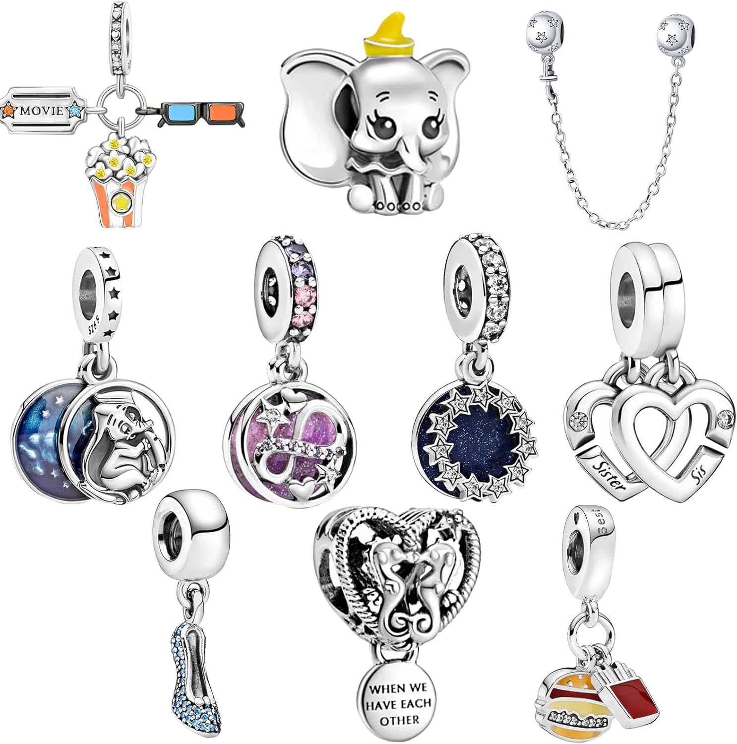 10 Pack Charms Sets 925 Sterling Silver fits Bracelets and Necklace Pendant Bead Ch...