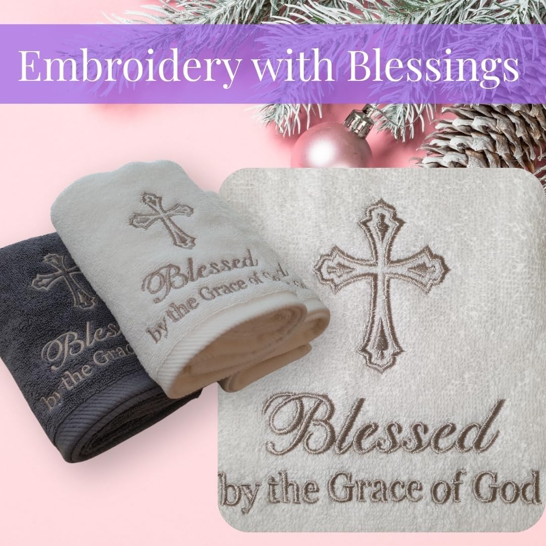 mibboom's Christian Towels Gift Set, 2-Pack – 100% Cotton Cross Embroidered Hand Towels in Ivory & Dark Gray in Gift Box for Pastors, Christians, Women, and Friends – 16" x 32"