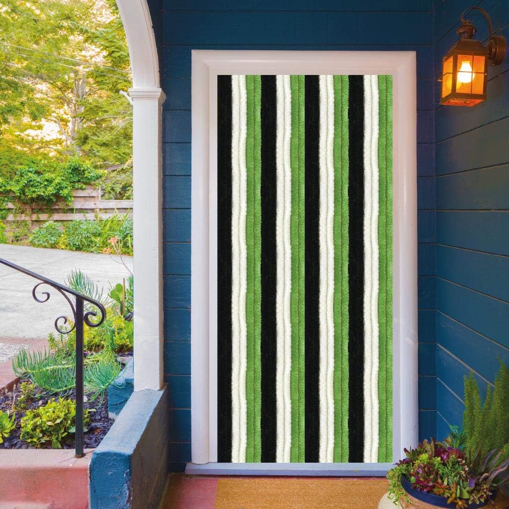 Insect screen curtain installed on a blue house door
