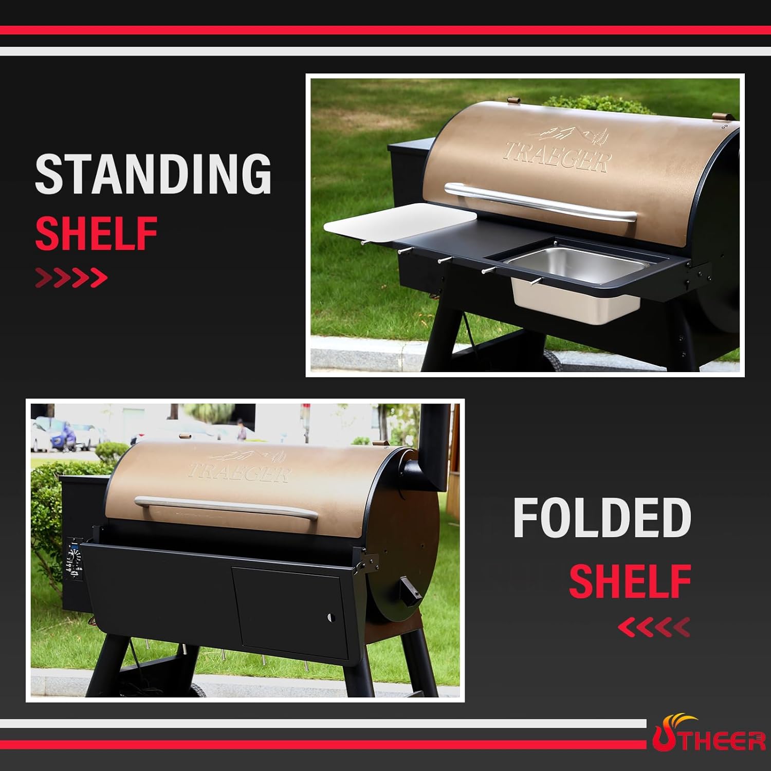 Utheer Upgraded Folding Front Shelf for Traeger Pro 34 Series, Century 885, Texas Elite 34, 37"x12" Heavy-Duty BBQ Prep Table with Cutting Board, Basin, 5 Hooks, 60-LB Load Steel Folding Grill Shelf