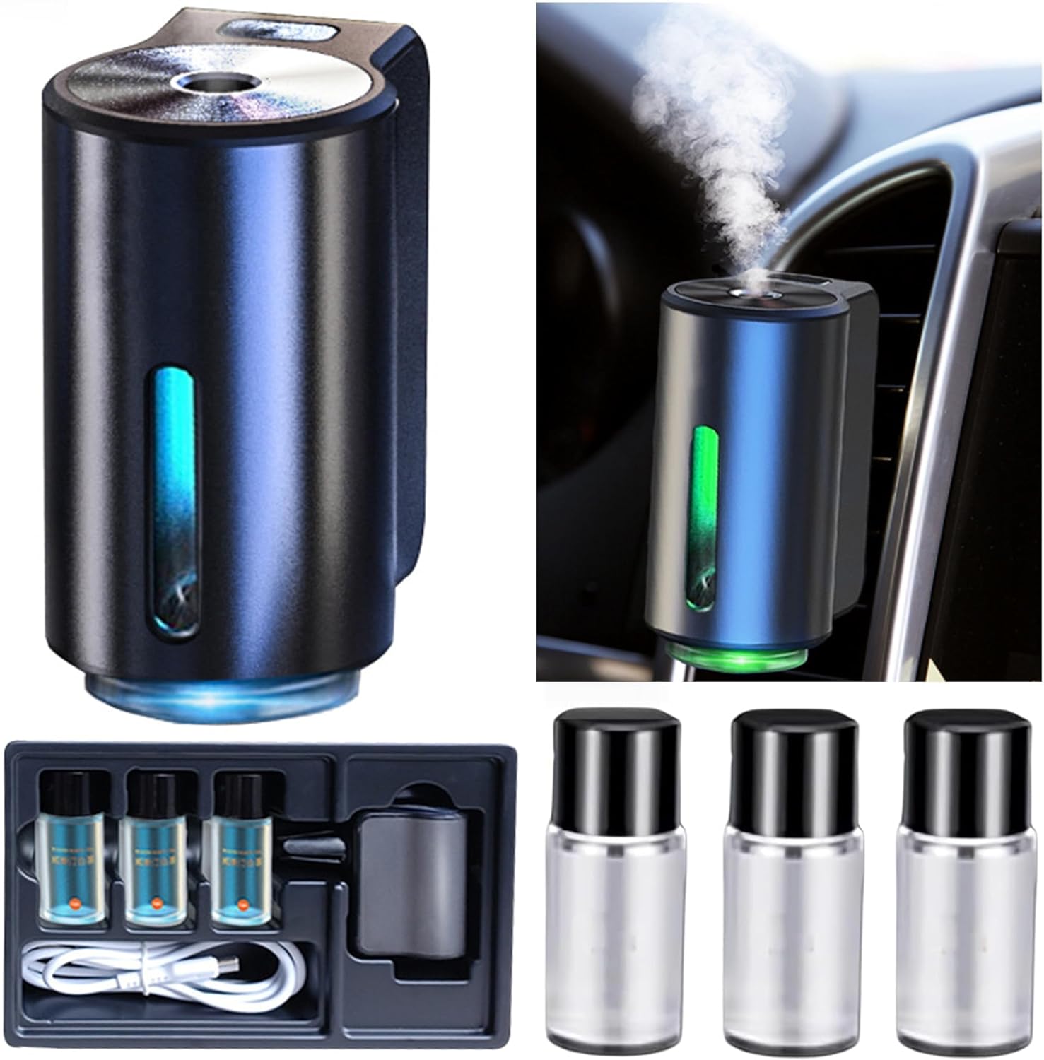 Smart Car Air Freshener Diffuser, Aromatizante para Carro Inteligente Intelligent Car Aroma With 3pcs Aromatizante (Diffuser+3PCS Oils, Cologne), Black