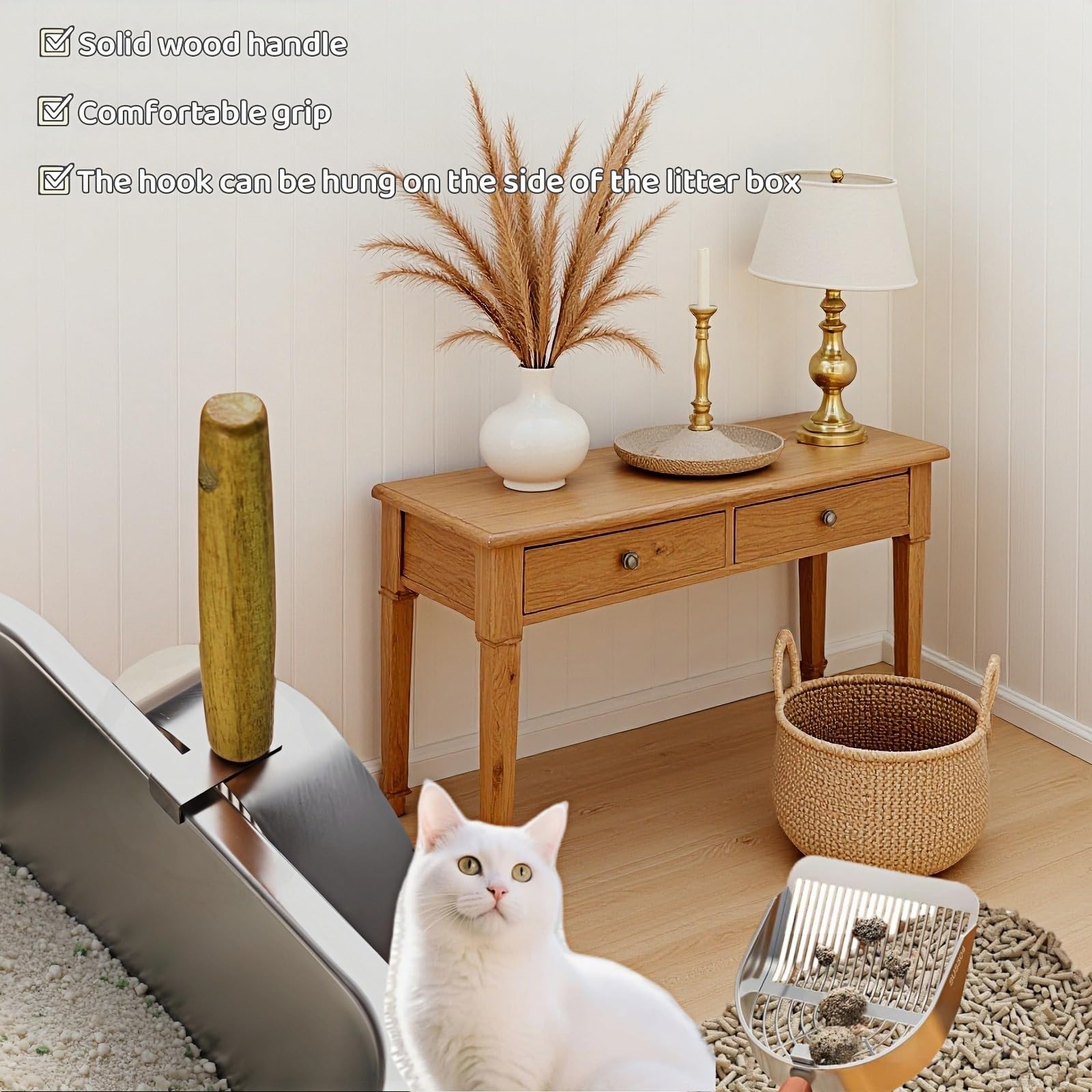 Premium Stainless Steel Cat Litter Scoop-Triple Guard Walls&Non-Stick Design,Silver,Flat Shovel Head Design Solid Deep Edge Wood Handle,Dual Hooks 1Pack,6.1x5.3inch (Silver long strip) (Silver) - image 6