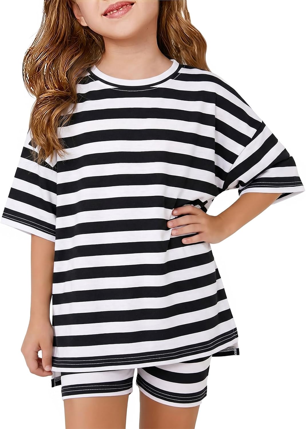 Haloumoning Girls Summer Outfits Casual Lounge Set Kids Oversized Side Split Shirts and Biker Shorts 2 Piece Clothing Sets