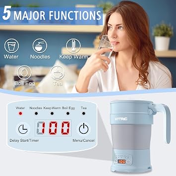 Hytric السفر غلاية كهربائية، 700 Ml طوي غلاية كهربائية صغيرة خالية من Bpa، غلاية محمولة مع لوحة متعددة الوظائف، غلاية ماء ساخن قابلة للطي مع الحفاظ على الدفء والتأخير بدء، 110 V الأزرق