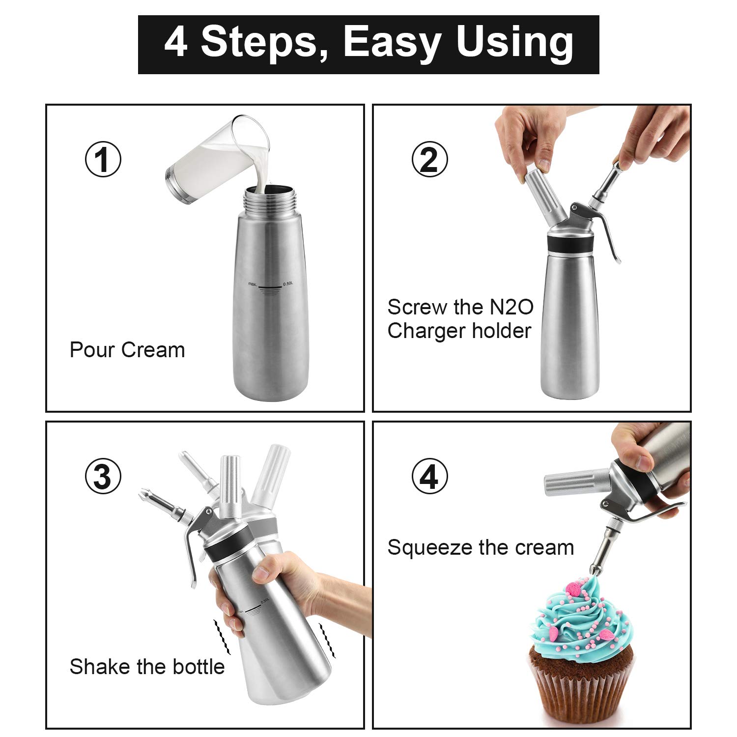 Lospitch Sifone Panna in Acciaio Inossidabile 500ml, con 3 Ugelli per Decorazione in Acciaio Inox, Professionale sifone da Cucina per Decorazione Pasticceria Panna Gelato e Altro(N20 Non Incluso)