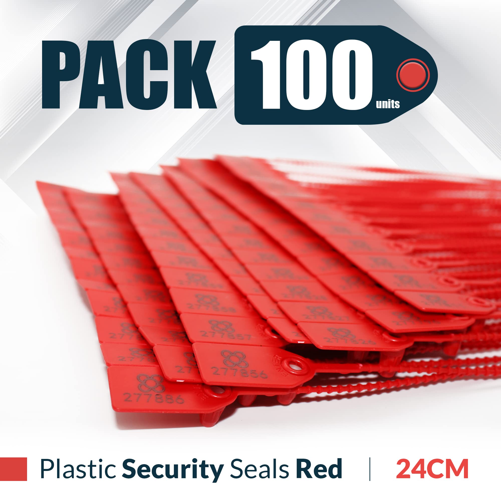 DOJA BARCELONA | Scelles Plastiques de Securite Rouge 100 unités | 24 cm de Longueur | Brides numérotées pour Valise, conteneurs, portes, camion, transport, logistique entre autres utilisations.