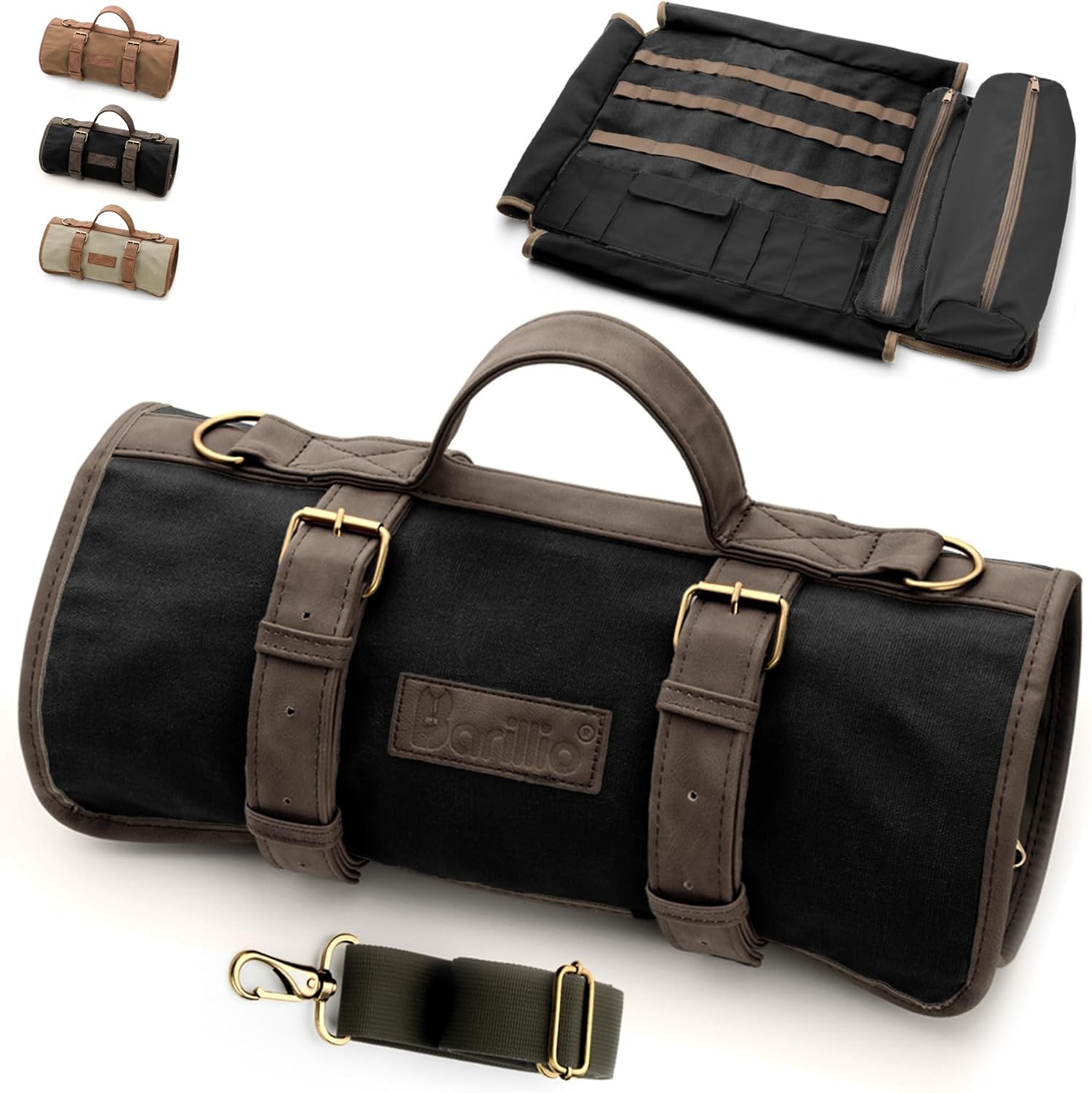 Barillio Bartender Bag (Without Tools) - Stylish, Waxed Canvas, Roll Up Traveling Bar Bag for Carrying Bar Tools and Cocktail Shaker Set with Shoulder Strap - Portable Travel Bartending Roll Black