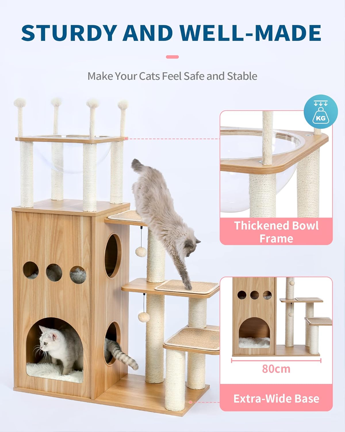 A detailed diagram showing the dimensions of the Made4Pets Modern Cat Tree in both inches and centimeters.