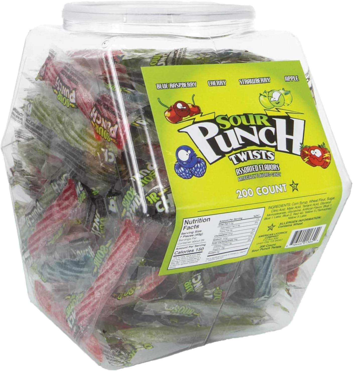 Straw Twists Bulk Pack | 200 Individually Wrapped Candy Sticks in Reusable Plastic Tub | Chewy Sour Candy Variety Pack in 4 Assorted Flavors, Assorted,Blue