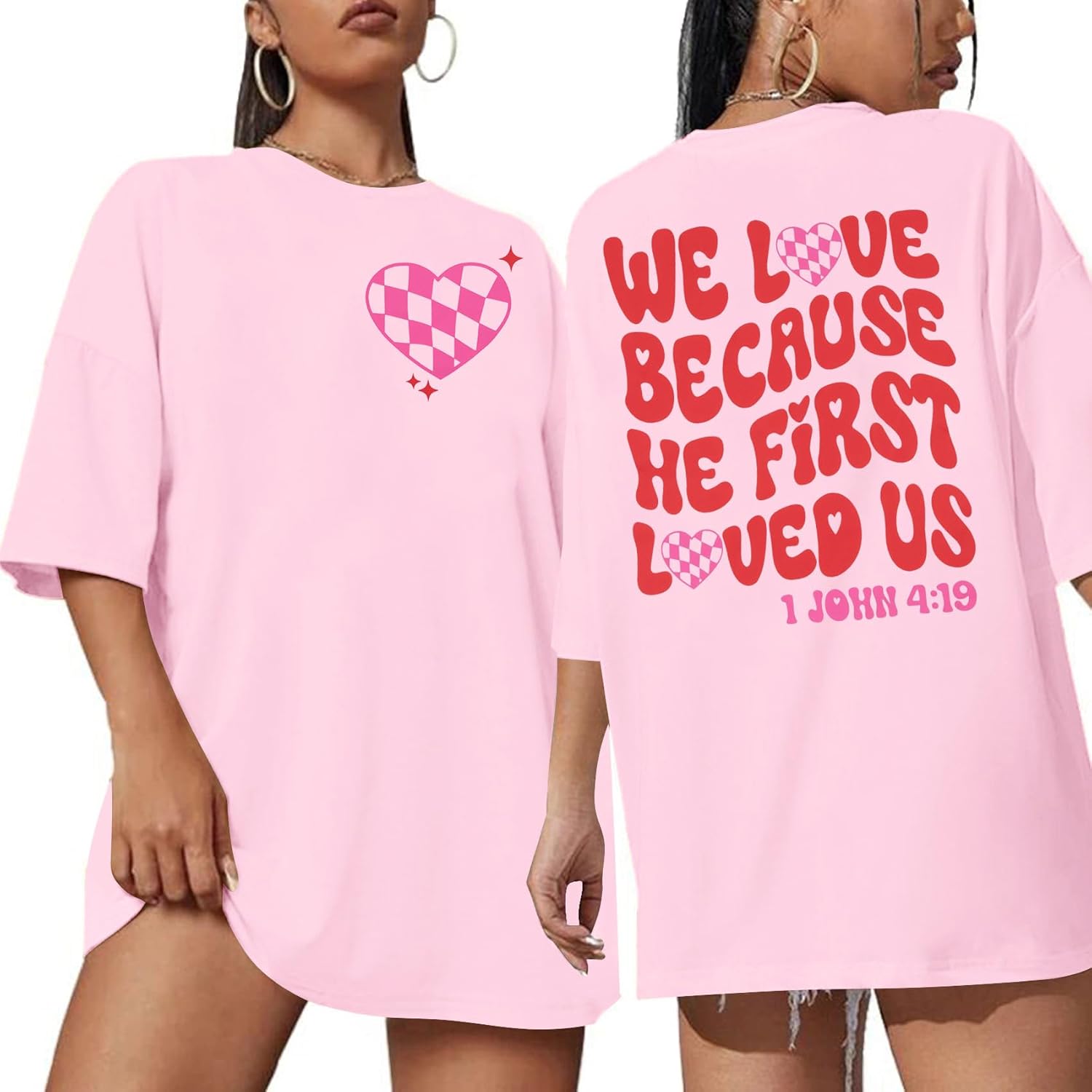 Valentine's Shirt for Women Love Because He First Loved Us T Shirt Heart Tops Christian Shirt