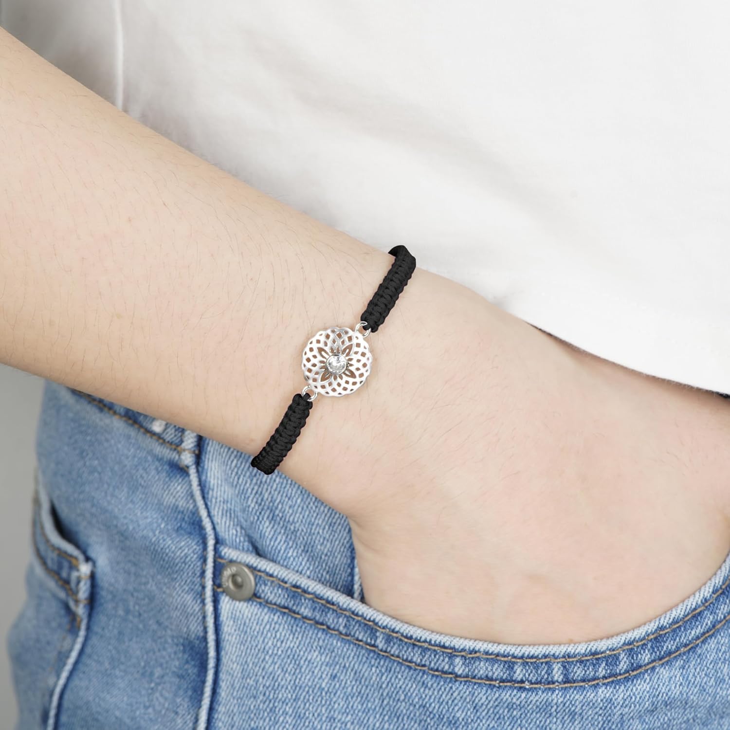 J.Endéar Mandala Flower Bracelet 925 Sterling Silver for Women, Handmade Braided Rope Black String Adjustable Lady Jewelry, Yoga Meditation Buddhist Spiritual Lucky Amulet Gift - Image 4