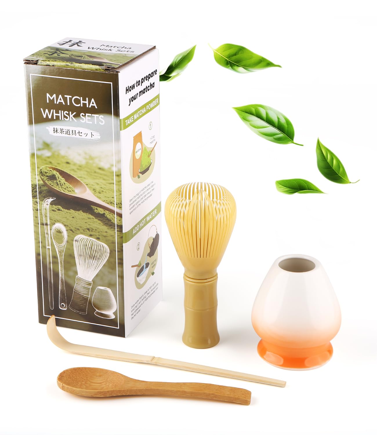 Lafefe Matcha Set (4-Piece) Which Resin Manufacturing Matcha Whisk, Matcha Bowl, Chasen, Matcha Spoon,Ideal Starter Matcha Kit for Easy Matcha Making (Orange White)