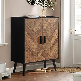 IWELL Mid-Century Modern Storage Cabinet with Doors & Adjustable Shelf, Black Rattan Buffet Sideboard for Living Room, Entryway, Kitchen - 11.8"D x 27.5"W x 31.4"H