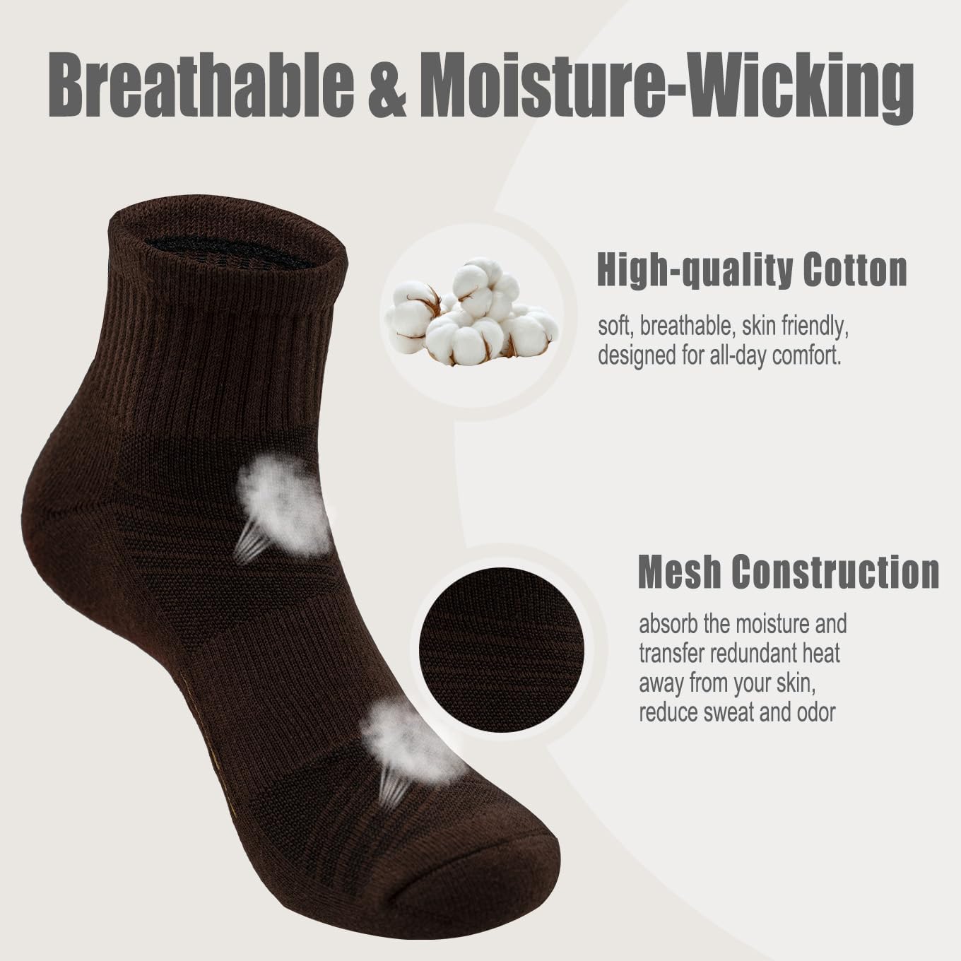 Mens Cotton Cushioned Quarter Socks, 3/5 Pairs Breathable Moisture-Wicking Non-Slip Athletic & Casual Ankle Socks