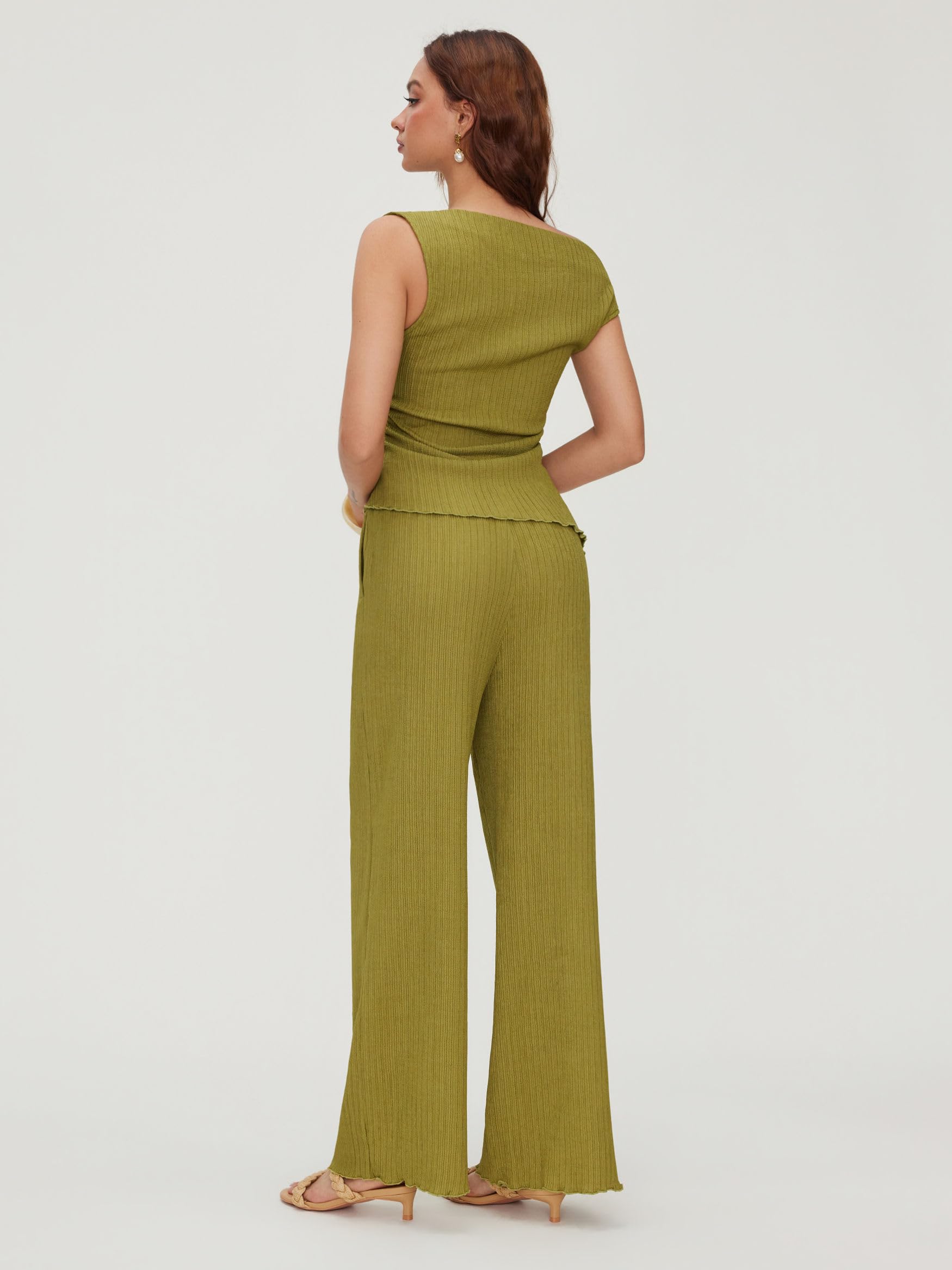 CIDER Zweiteiliges Damen-Outfit, eine Schulter, ärmelloses Oberteil mit Metalldekor, weites Bein, Sommeroutfits