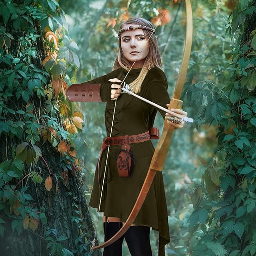 Mittelalter Kleidung Kostüm Damen Set Mittelalterliches Kapuzenkleid Set Renaissance Kostüm Set mit Armschützern Gürtel Gürteltasche Strümpfe Zubehör
