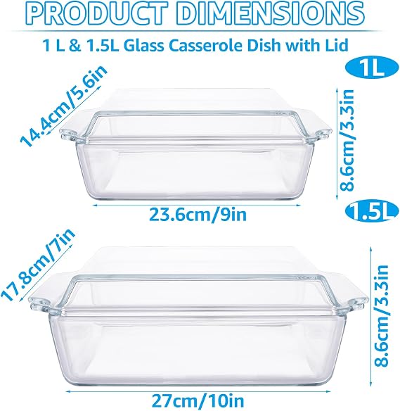 WOPPLXY 2 PCS Rectangle Casserole Dishes with Lid, 1L & 1.5L Transparent Individual Lasagne Dishes, Glass Casserole Dishes Oven Proof, Cookware