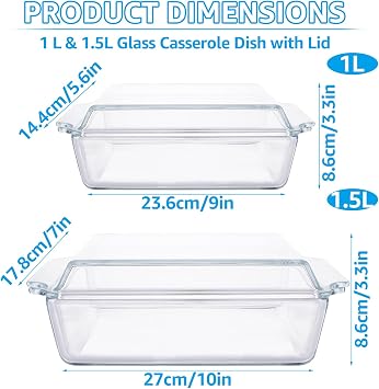 WOPPLXY 2 PCS Rectangle Casserole Dishes with Lid, 1L & 1.5L Transparent Individual Lasagne Dishes, Glass Casserole Dishes Oven Proof, Cookware