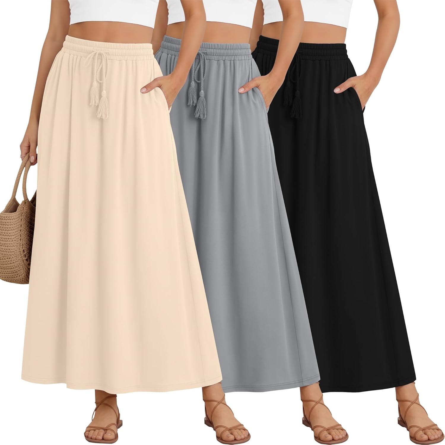 3 Pack Women's Maxi Long Skirts, Ankle Length a Line Elastic High Waist Flowy Boho Casual Skirt with Pockets